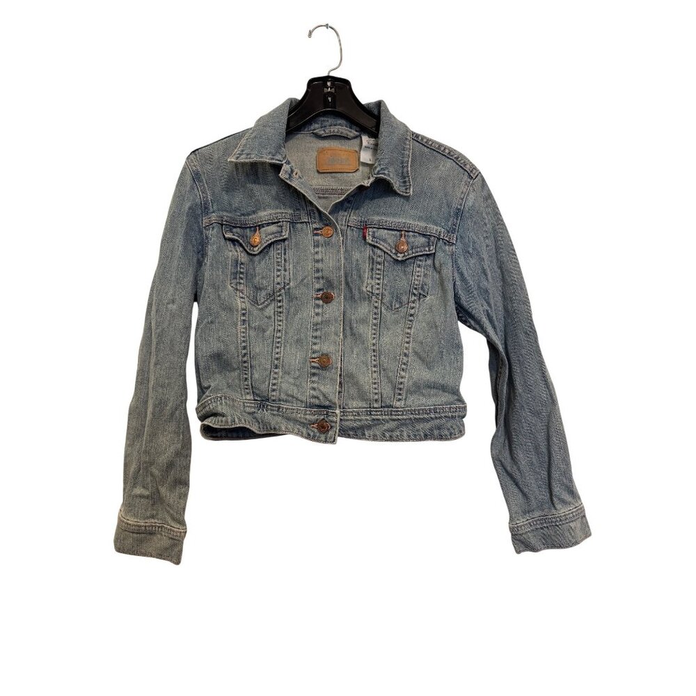 Levis Womens Cropped Blue Denim Jacket Large 99% Cotton 1% Spandex